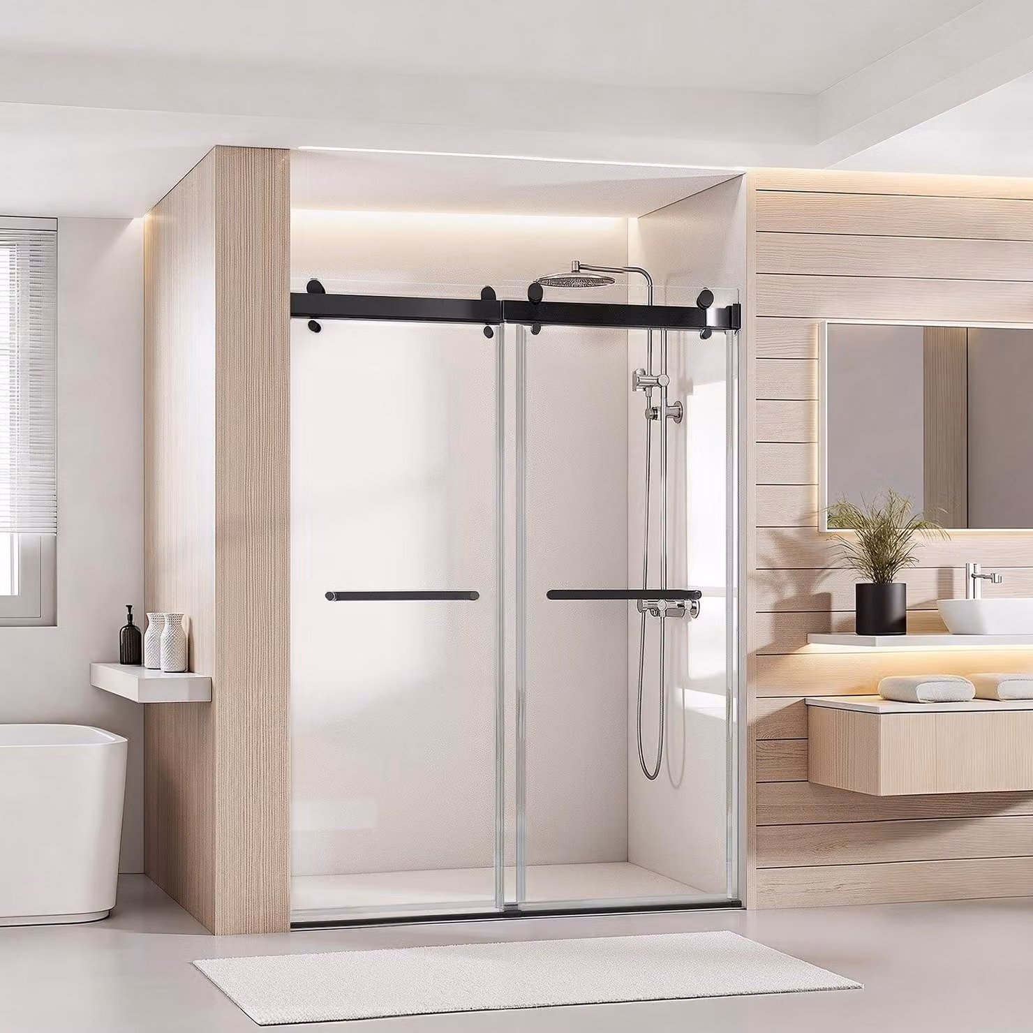 Porta doccia senza telaio - Porta scorrevole - Larghezza 121,9 cm - Vetro di sicurezza ESG da 10 mm - Rivestimento nano idrorepellente e anticalcare - Binario di scorrimento, listelli di tenuta e kit di montaggio inclusi - Trasparente