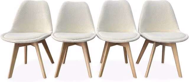 Set di 4 sedie scandinave Sweeek in tessuto bouclé bianco con gambe in legno di faggio