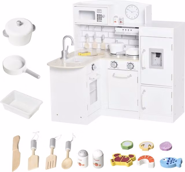 Cucina Giocattolo in Legno HOMCOM con 14 Accessori, Forno, Lavandino, Frigo e Microonde, Bianco e Argento, L 86 x P 64 x H 84.5 cm