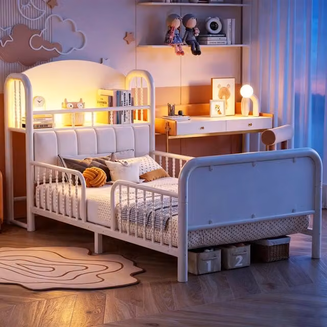 Letto singolo Minimal in metallo bianco con testiera LED e illuminazione sottostante L 90 cm x P 200 cm