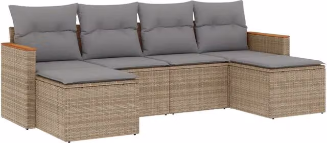 Set Divano da Giardino 6 pz | Set Salotto da Giardino con Cuscini Beige Misto Polyrattan