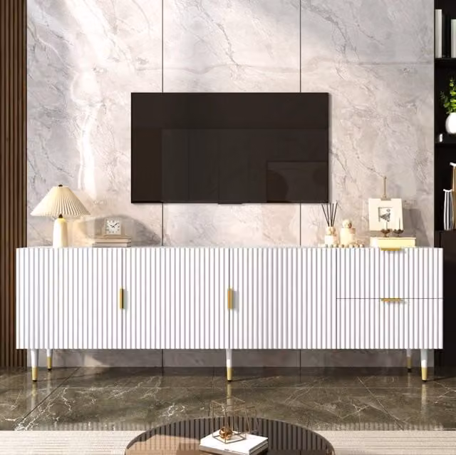 Mobile TV moderno a 3 ante con cassetti; 170 x 35;5 x 55 cm; bianco con dettagli oro