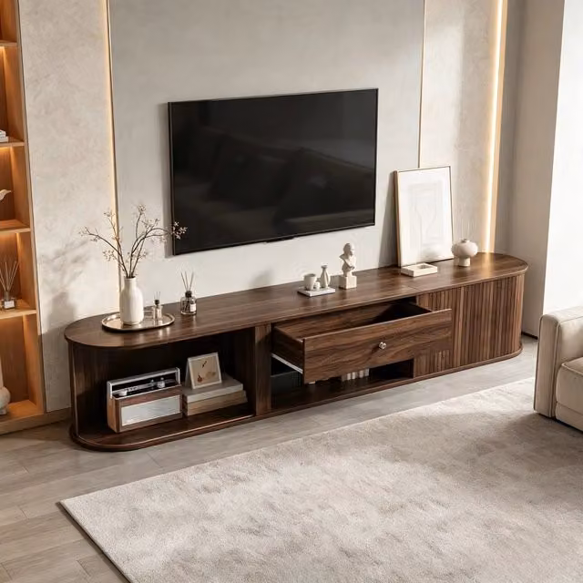 Mobile TV Minimal in legno color noce con 1 cassetto per soggiorno, L: 180 cm, P: 40 cm, H: 40 cm