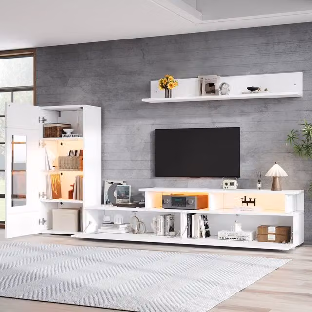 Set di mobili da soggiorno con mobile TV vetrina e mensola LED in truciolare bianco con frontali lucidi
