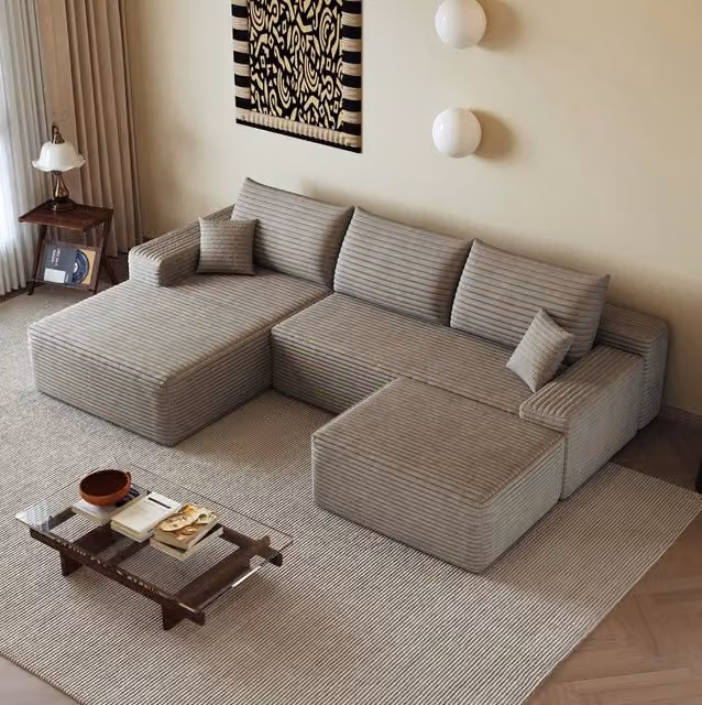 Divano in tessuto a coste rigate, 270 x 175 x 83 cm, Camel