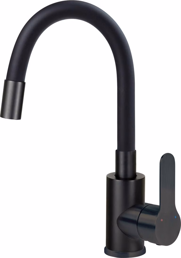 Washbasin mixer with curved spout