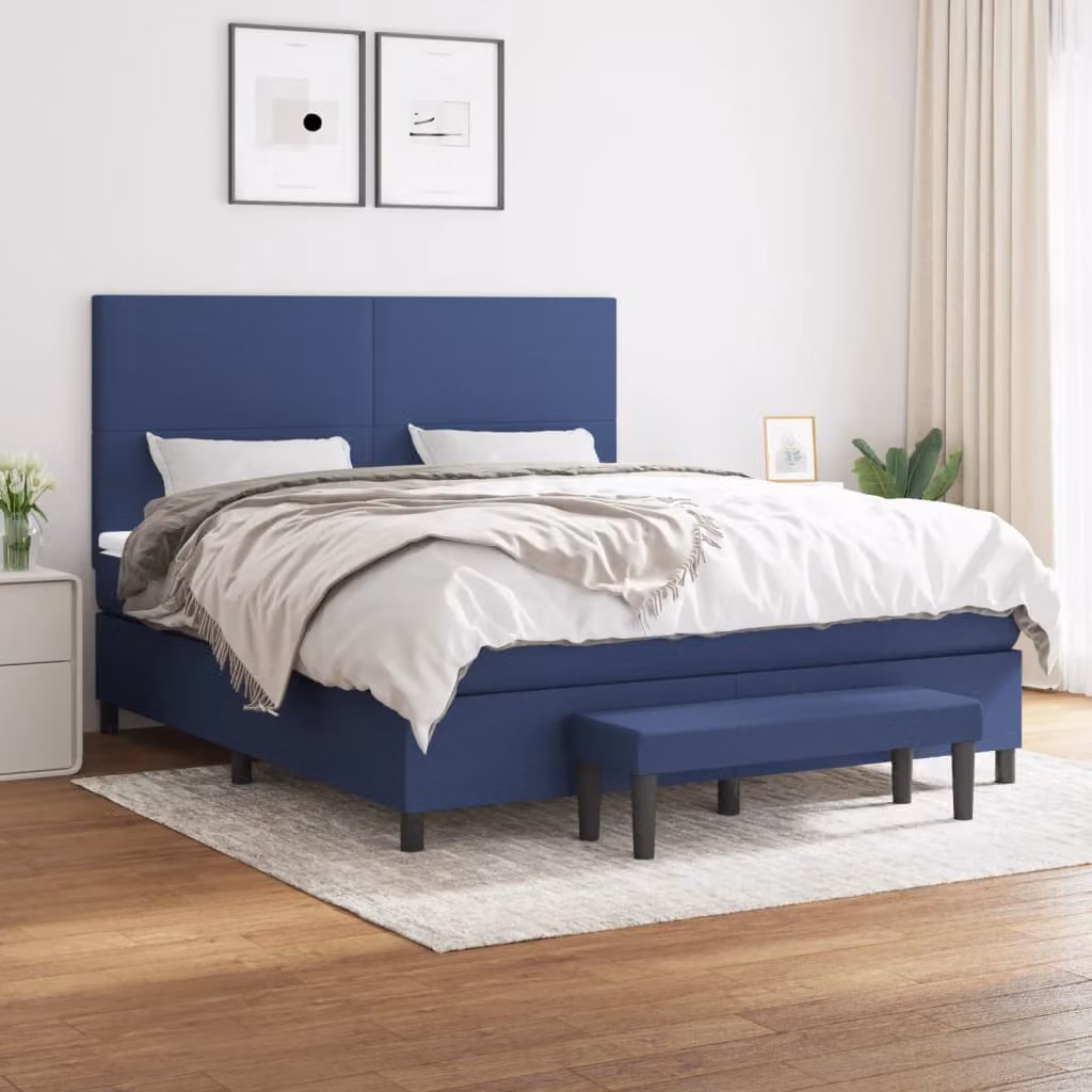 vidaXL Letto Ibrido con Giroletto a Molle e Materasso in Tessuto Blu e Bianco L/P/H: 160 x 200 x 128 cm – 1