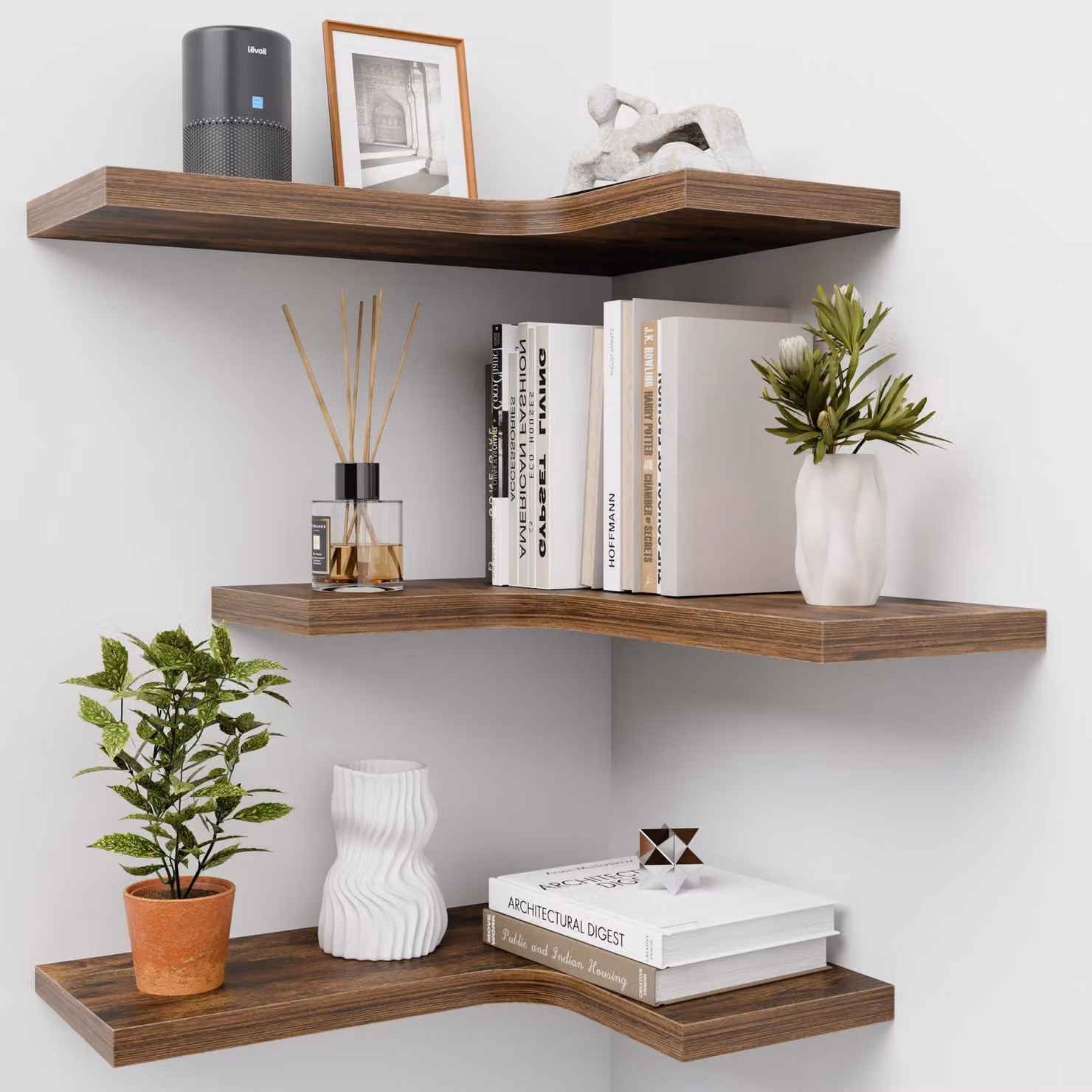 Mensola a forma di L, scaffale angolare, set da 3 pezzi per la decorazione della parete, colore marrone