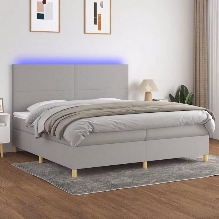 Letto a molle vidaXL con materasso e illuminazione LED, tessuto grigio chiaro, L 200 cm x P 200 cm x H 203 cm