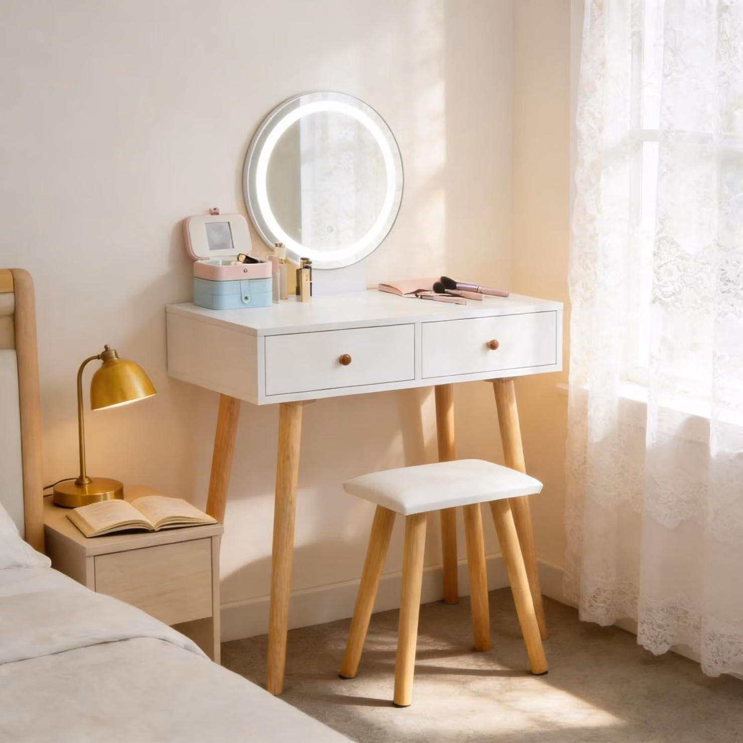 Comò da trucco con specchio a LED, poggiapiedi, 2 cassetti, bianco, MDF, 80x40x120 cm