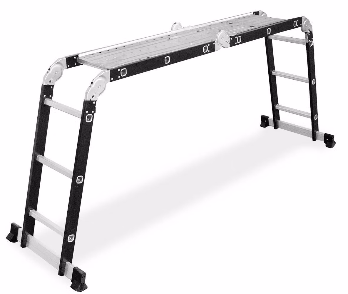 DRABEST | Scala multifunzione 4x3 con piattaforma, acciaio/alluminio, estensibile a 4 sezioni, altezza di lavoro 2,89–4,19 m, stabilizzatori antiscivolo