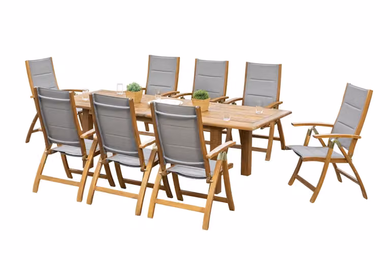 Set di mobili da giardino Merxx 9 pezzi, 8 sedie pieghevoli, tavolo allungabile doppio 180 (220/260) x 100 cm - Acacia/tessuto