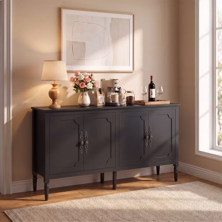 Costway Credenza da cucina a 4 ante con ripiani regolabili madia lunga porta, Mobile vintage in legno per salotto e ingresso Nero