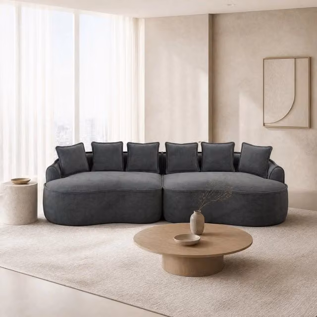 Divano modulare a L Mivray in tessuto grigio con chaise longue a sinistra, seduta regolabile e cuscini inclusi – 1
