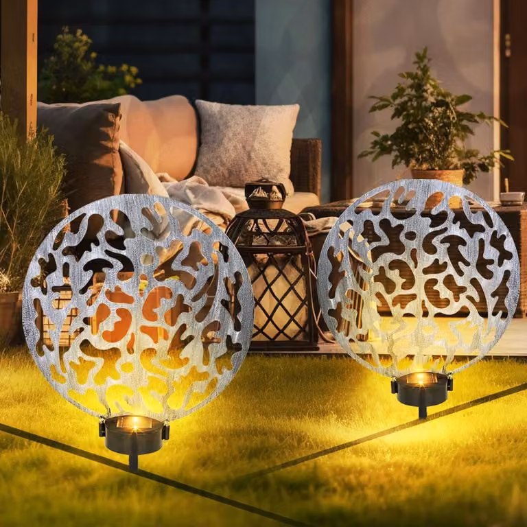 Set di 2 luci da giardino solari, effetto luminoso, color argento anticato, altezza 41 cm