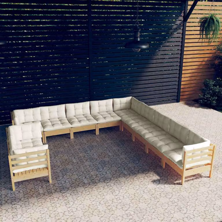Set di divani da giardino vidaXL a forma di U composto da 11 pezzi in legno massello di pino con cuscini beige