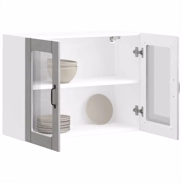 Pensile da cucina moderno Design Mania con ante in vetro, Grigio e Bianco, L: 80 cm, H: 60 cm, P: 31 cm