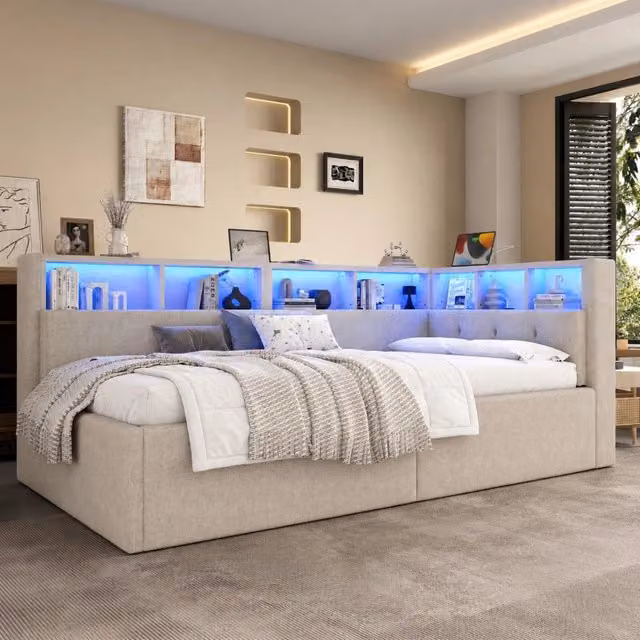 Daybed 90x200 cm Beige con LED, USB-C, Vani Portaoggetti e Sollevamento Idraulico