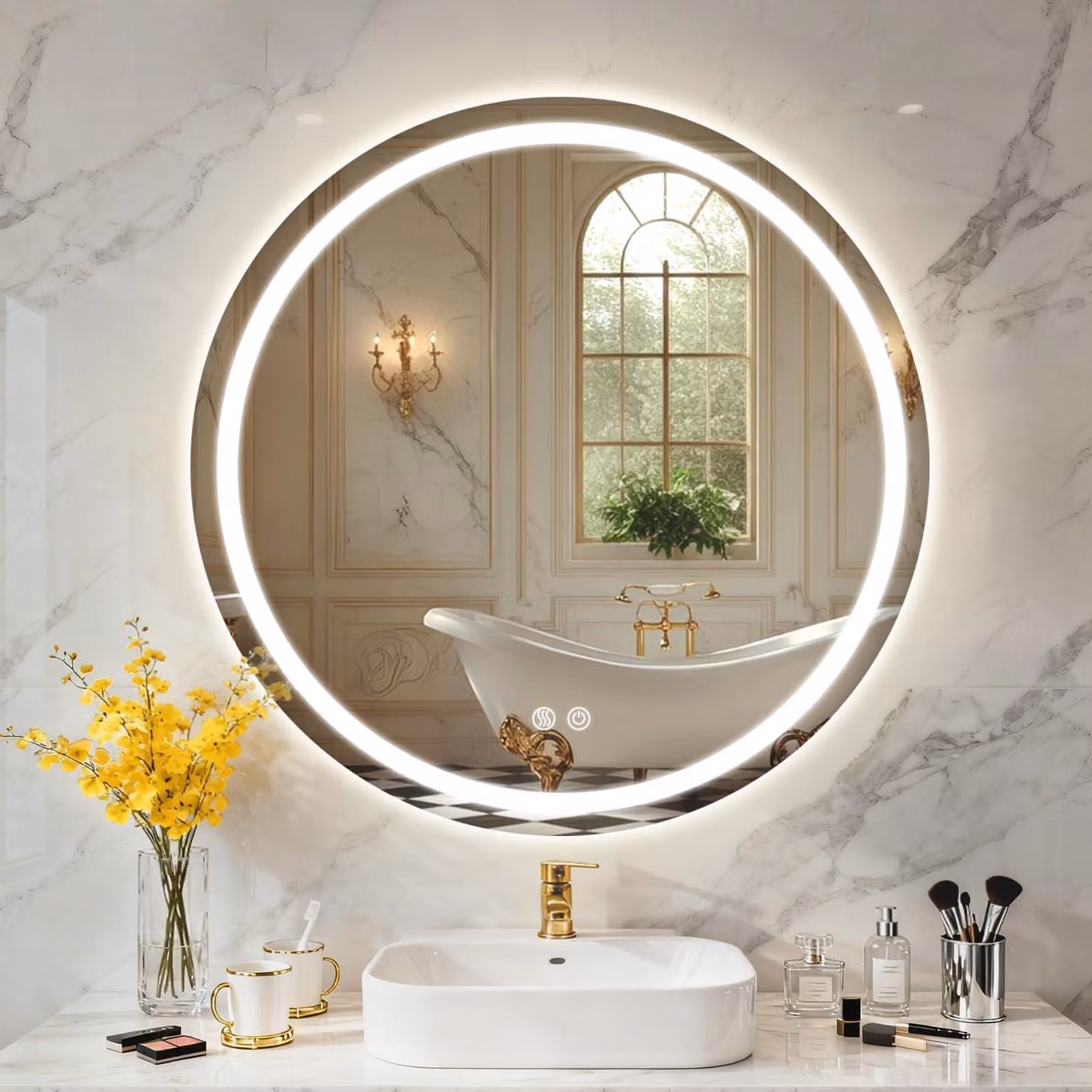 Specchio da bagno rotondo, diametro 70 cm, illuminato, con dimmer e funzione antiappannamento