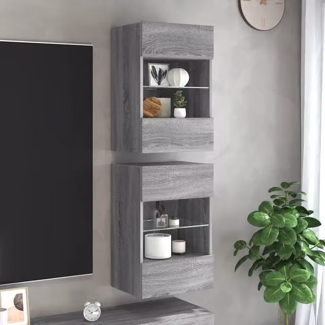 Mobili da parete con luci LED per TV 2 pz Grigio Sonoma 837089