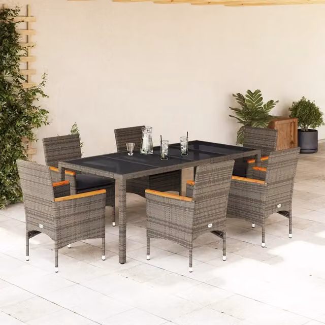 Set da Pranzo da Giardino 7 pz con Cuscini Polyrattan e Vetro 3278655