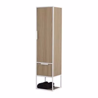 Colonna bagno sospesa Baketo stile industrial in bianco e legno rovere con ante soft-close, H 150 cm – 2