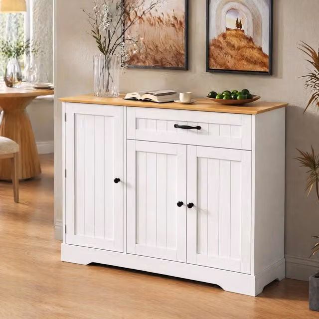 Sideboard moderno con 3 ante e 1 cassetto in MDF bianco e naturale per soggiorno, sala da pranzo e ingresso