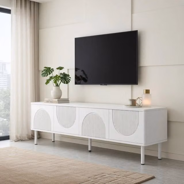 Cassettiera per TV moderna KOMHTOM bianca in MDF e legno con vani multimediali L: 180 cm, P: 40 cm, H: 52 cm
