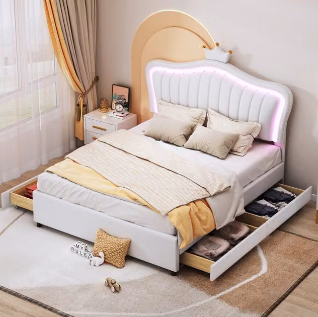 Letto per bambini MODFU imbottito con contenitore e illuminazione LED, bianco, L/P/H: 140 x 200 cm
