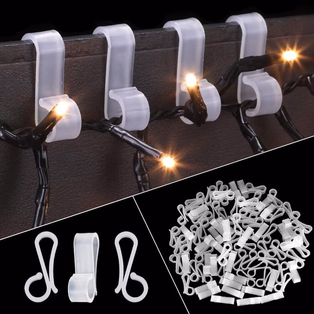 Ganci per catene luminose da fissare alle grondaie, confezione da 60 pezzi, colore bianco, materiale plastico