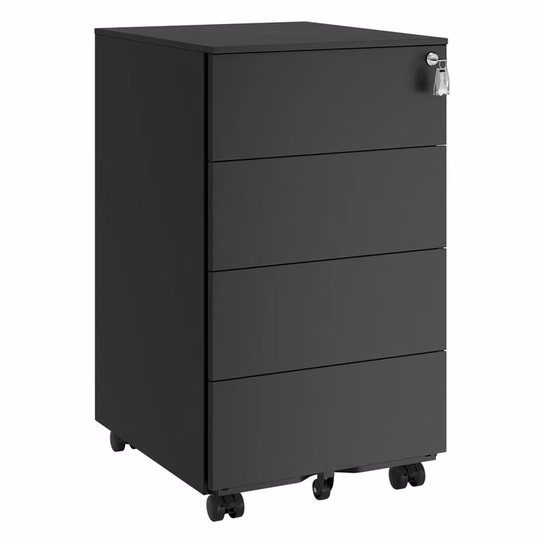 Cassettiera da Ufficio Studio Mobiletto con Ruote, Nero Inchiostro / 4 Cassetti (69,3H cm)