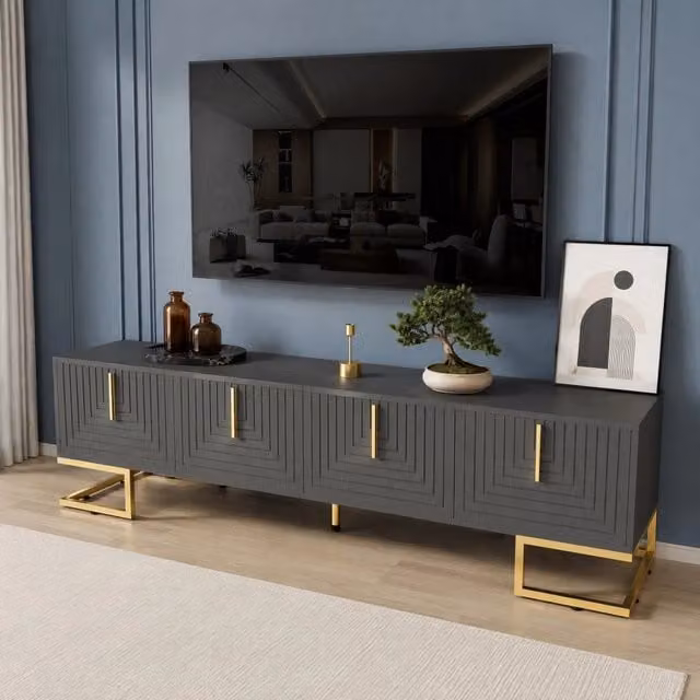 Mobile TV FOLYNA moderno con quattro ante e maniglie dorate, grigio nero, L: 170 cm, P: 40 cm, H: 45.5 cm