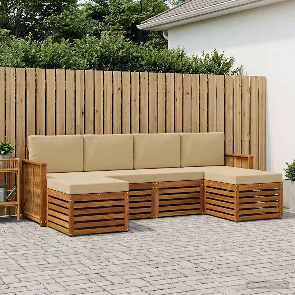 Set di divani da esterno vidaXL a forma di L in legno di acacia marrone e beige con cuscini inclusi