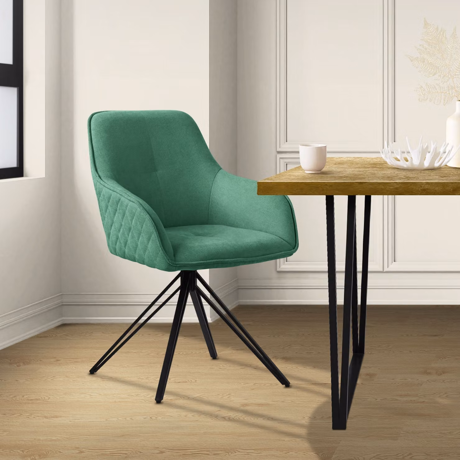Sedia da pranzo girevole ML-Design, verde, in tessuto intrecciato con gambe in metallo