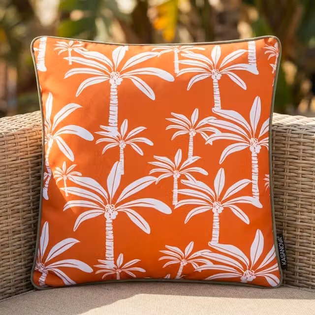 Cuscino arredo idrorepellente KASANOVA con motivo floreale palme arancio L/P: 50 x 50 cm