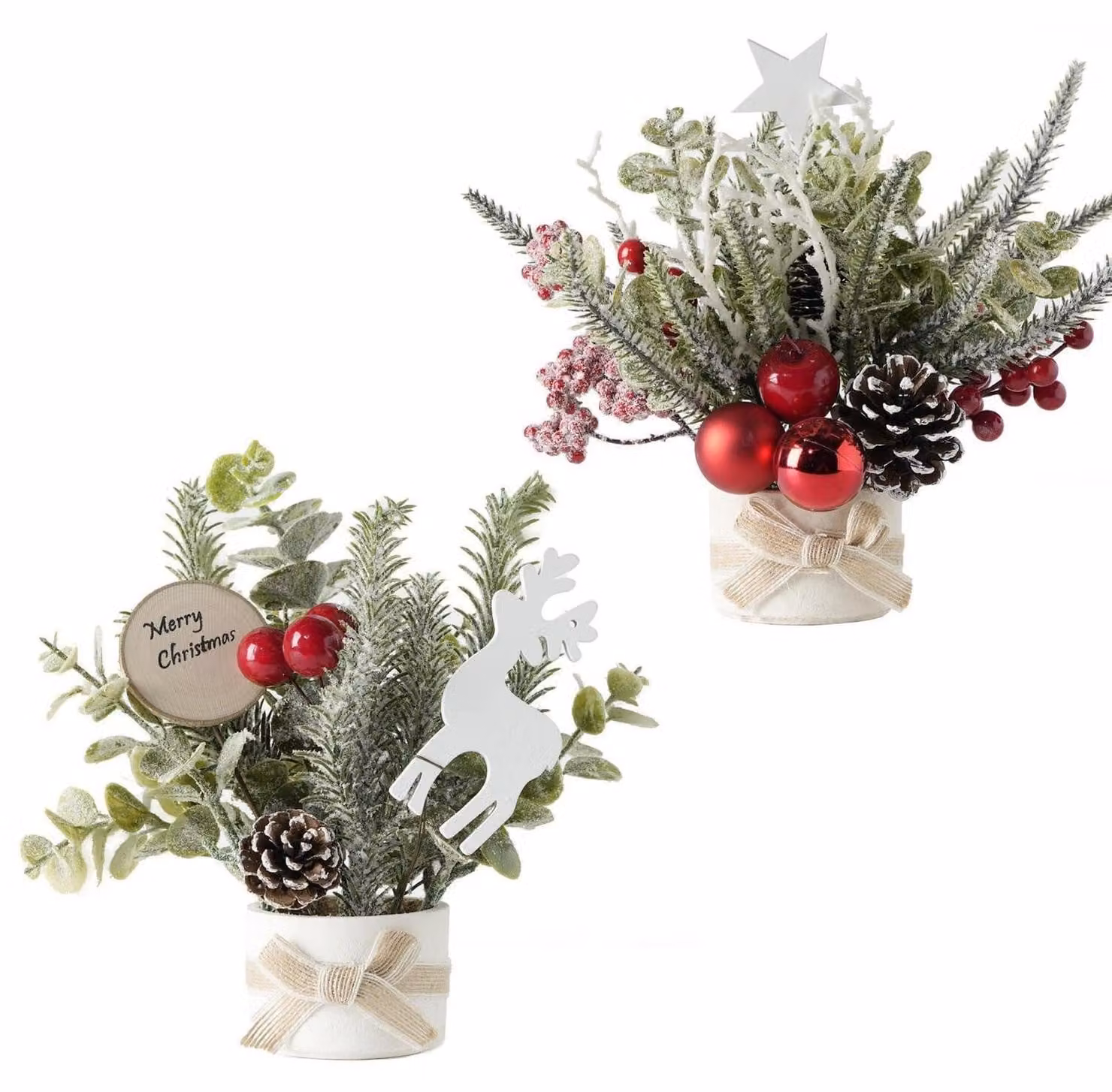 Mini albero di Natale, 2 pezzi, 25 cm, con bacche e pigne, decorazione da tavolo, decorazione natalizia per interni