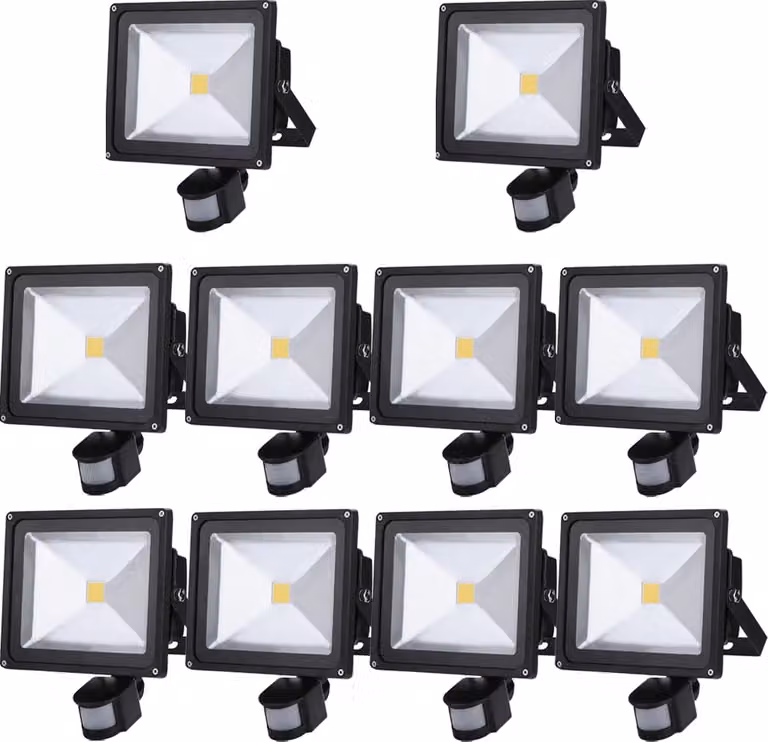 Greenmigo 10x faretti LED da 30 W + sensore di movimento, luce bianca calda, illuminazione d'oggetti, faretti da esterno, faretti da parete, proiettori, lampada da giardino, IP65, 85 V-265 V