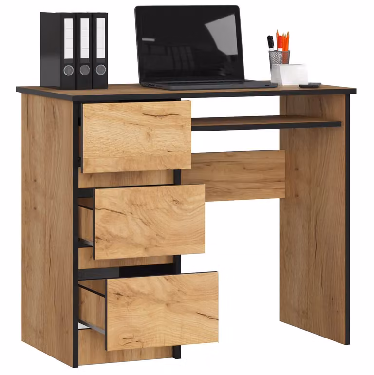 Scrivania da 90 cm con 3 cassetti e ripiano estraibile per tastiera; scrivania per computer, scrivania da lavoro