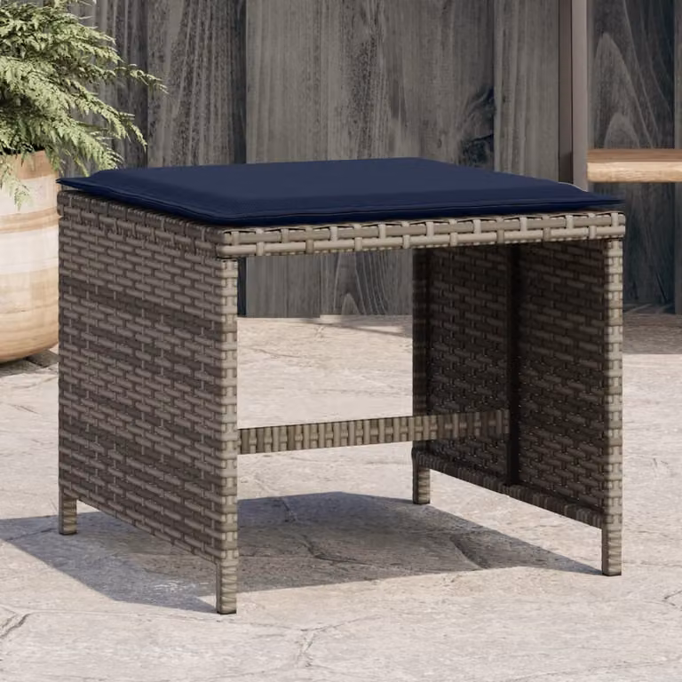 Set di 4 sgabelli da giardino vidaXL in polyrattan con cuscini grigi e blu, L/P/H: 40 x 40 x 35 cm