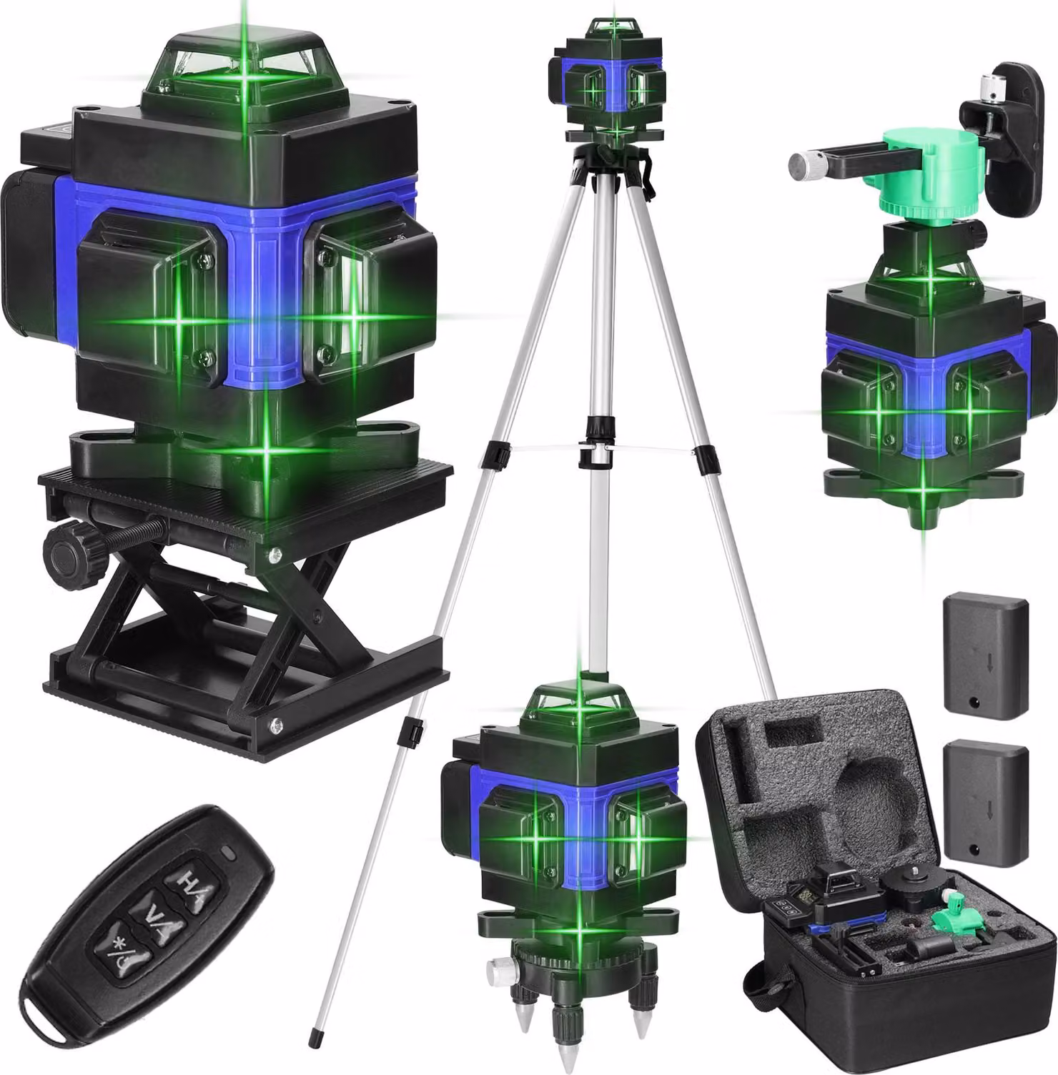 Dispositivo di livellamento laser 4D multifunzionale con 16 linee, 3°, macchina autolivellante, dispositivo di livellamento ricaricabile a batteria al litio USB con lunghezza di 1,2 m, stativo a tre vie regolabile in lega con asta di prolunga