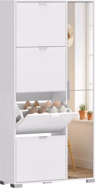 Scarpiera con Specchio, 4 Cassetti Ribalta, Scarpiera Ingresso, Bianco