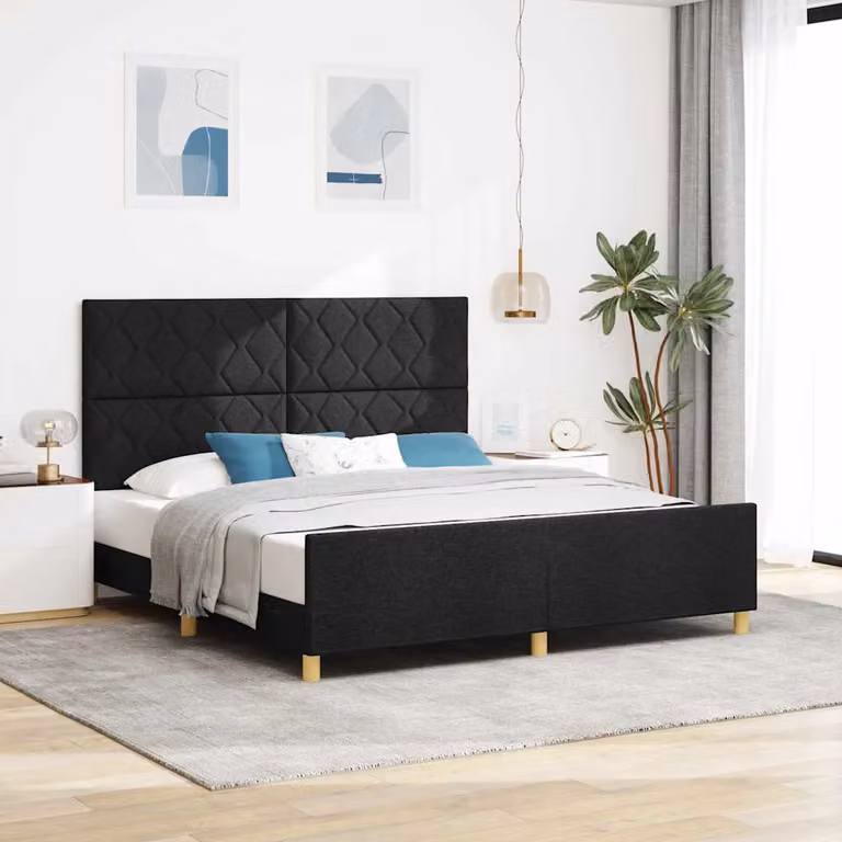 Struttura del letto con testiera vidaXL in tessuto nero con dettagli in legno e schiuma, L 180 x P 200 cm