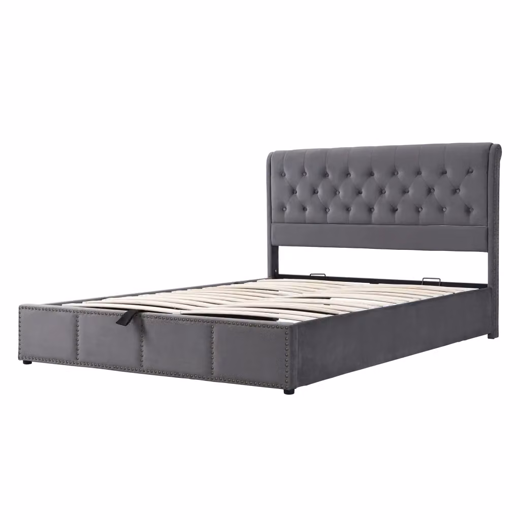 Letto contenitore matrimoniale in velluto grigio con rete e panca contenitore, L/P: 140 x 200 cm – 2