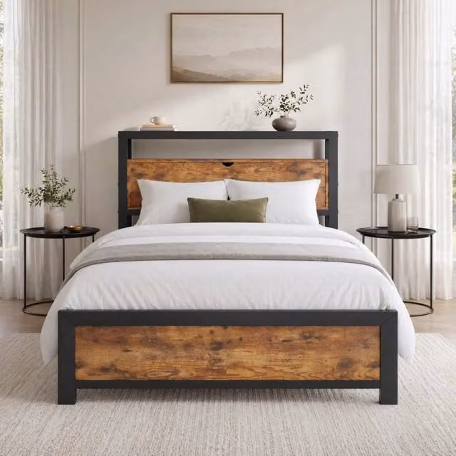 Letto singolo 90x200 cm in metallo e legno con testiera contenitore; naturale