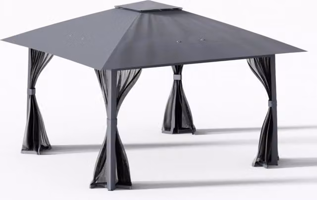 Tenda da esterno pieghevole con zanzariera e tetto doppio, Riparo parasole per patio giardino 394 x 394 cm Grigio