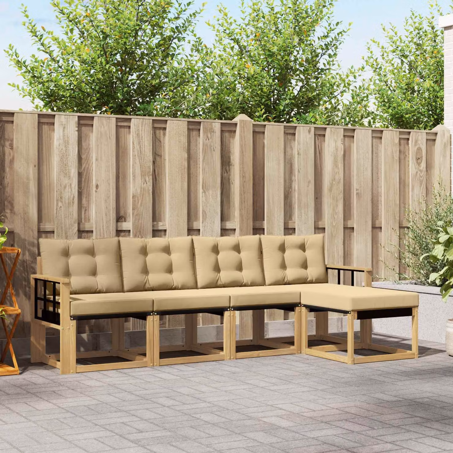 Set di divani da esterno vidaXL a forma di L in legno di acacia con cuscini, bianco e beige