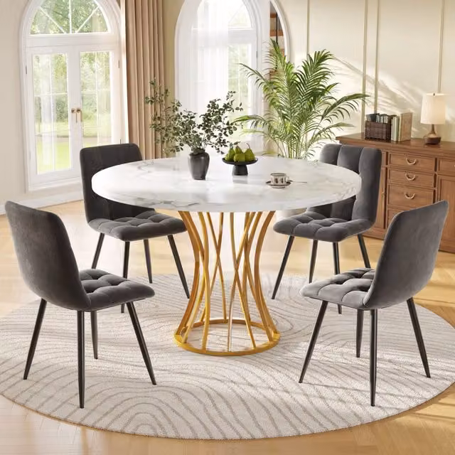 Set tavolo da pranzo rotondo 80 cm con 4 sedie in velluto grigio