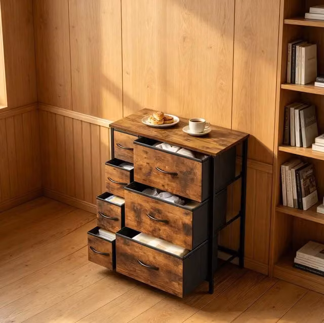 Mobile Portaoggetti Vintage con 7 Cassetti in Tessuto, Struttura in Metallo e Piano in Legno 63,5x30x73 cm