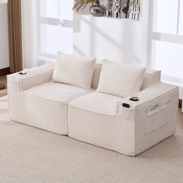 Divano modulare 188x90x75 cm con portabicchieri e tasche laterali in velluto a coste beige