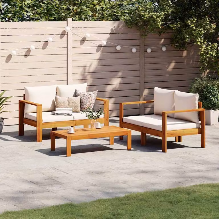 Set Divano da Giardino 3pz vidaXL in Legno di Acacia con Cuscini Beige e Tavolino